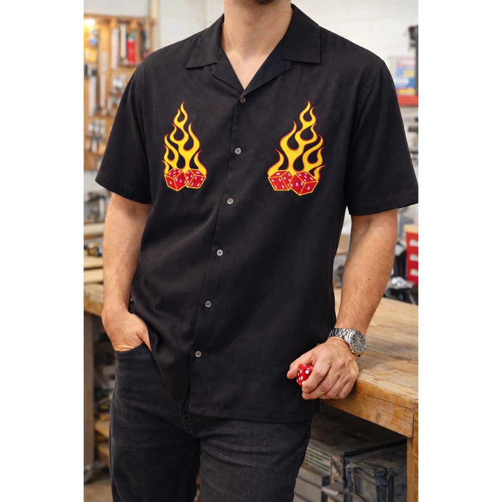 Vintage Dragonfly Clothing Co Mens XL Black Flame Dice Embroidered Shirt 90s Y2K